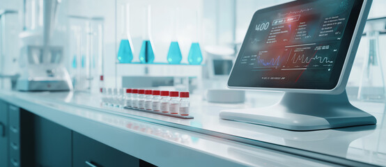 Poster - Sleek laboratory featuring advanced digital equipment, including a computer monitor displaying data, alongside test tubes and scientific instruments illuminated by a cool, blue tone