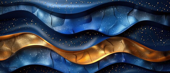 Wall Mural - abstract waves in blue and gold with sparkling particles for luxury background designs
