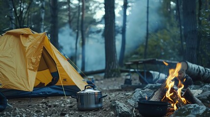 Wall Mural - cozy outdoor camping scene with tent cookware and campfire in forest adventure 9