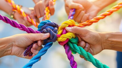 Wall Mural - diverse hands holding colorful ropes teamwork and unity concept