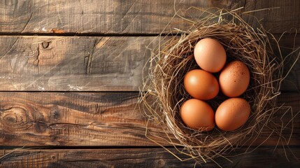 Poster - eggs in a basket on wooden background