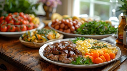 Wall Mural - A family meal showing balanced diet plates with lean meats, whole grains, and fresh vegetables