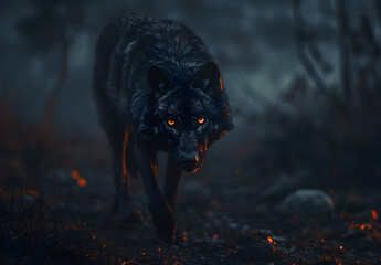 A black wolf on a blurred background of nature