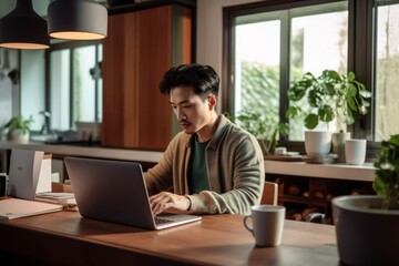 Poster - Professional young Asian man working from home, using laptop computer in home office. Remote working, freelancer, small business concept