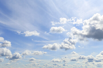 Wall Mural - Beautiful light blue sky with many white fluffy cumulus and cirrus clouds on sun in sunlight background, texture