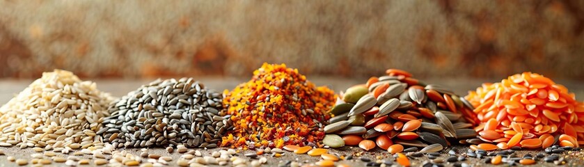 Wall Mural - An artistic arrangement of mixed seeds, including flax, pumpkin, and sunflower, set against a uniform, light-colored background, broad negative space for text.