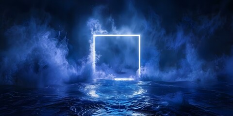 abstract water illuminated with neon indigo light square on dark. Concept Abstract Photography, Neon Lighting, Water Reflections, Dark Background, Square Composition