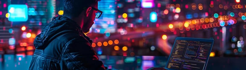 Tech professional coding in a cityscape setting, vibrant night lights, deep focus on laptop screen showing complex software development