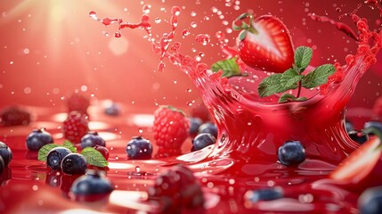 refreshing red fruit juice splash with sliced berries and mint leaves 3d illustration