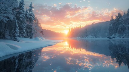 Poster - serene frozen lake reflecting sunrise glow generative ai landscape