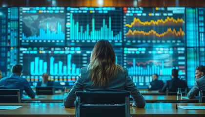 A young woman sits in front of a large video wall displaying financial data