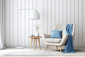 Wall Mural - Scandinavian Living Room Interior Design With Beige Armchair and Blue Floor Lamp Abstract white wall background