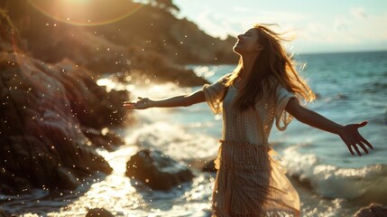 Wall Mural - Woman breathing in the fresh sea air with outstretched arms on a sunny rocky beach