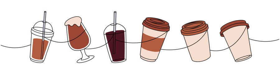 Wall Mural - Takeaway coffee cups one line colored continuous drawing. Hand drawn elements for coffee shop. Vector linear illustration.