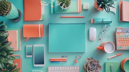 Coral and turquoise themed desk setup with essential office tools for a creative professional.