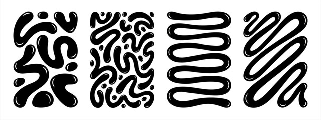 Aufkleber - Organic blob shapes, bold squiggles hand drawn abstract backgrounds set. Liquid, fluid doodle wiggling stripes, lines inscribed in a rectangle. Paint, oil, petrolium stains. Graphic design elements.