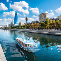 Baku, azerbaijan a scenic view of baku's cityscape with a boat cruising on the river on a beautiful sunny day