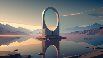 Wall Mural - Mysterious Gateway in Serene Mountain Lake Landscape at Sunset