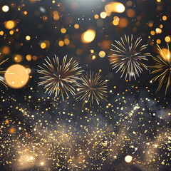 abstract gold, black, and gold glitter background with fireworks. Christmas Eve, 4th of July holiday concept design