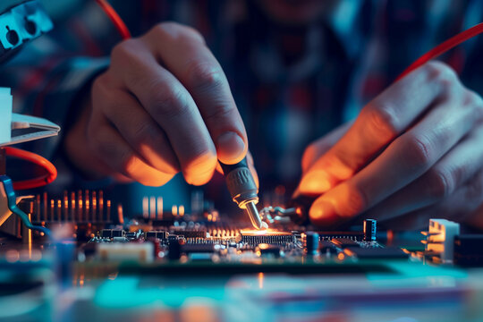With a steady hand, an electronics engineer in a lab is soldering small components onto a circuit board, illustrating the high level of precision required in electronics engineerin