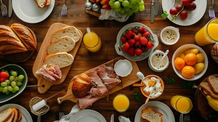 top view of breakfast table with coffee bread meat fruit and juice food flat lay photograph