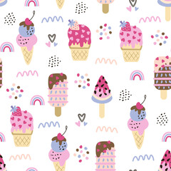 Wall Mural - Summer seamless pattern with hand drawn colourful ice cream. Modern texture for fabric, textile, wallpaper. Vector illustration.