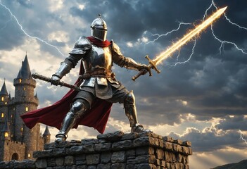 A knight in armor stands on a stone platform, wielding a sword that emits a bright, crackling light, while a castle looms in the background amidst a stormy sky and lightning.
