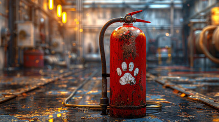 Close-up of a red fire extinguisher with a paw print symbol in an industrial setting, surrounded by metallic surfaces and warm lighting.