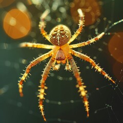 Wall Mural - Macro shot of a spider on its web, the delicate strands and body details in sharp focus, with a dark, blurred background