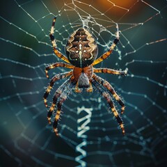 Wall Mural - Macro shot of a spider on its web, the delicate strands and body details in sharp focus, with a dark, blurred background