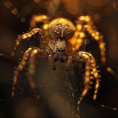 Wall Mural - Macro shot of a spider on its web, the delicate strands and body details in sharp focus, with a dark, blurred background