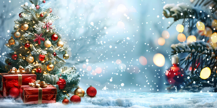 Christmas and winter holiday marketing background design, with winter and Christmas tree themes, Christmas ornaments and presents, snowy vibes design