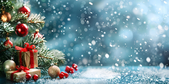 Christmas and winter holiday marketing background design, with winter and Christmas tree themes, Christmas ornaments and presents, snowy vibes design