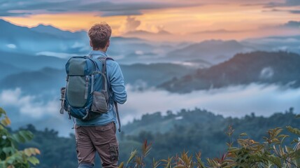 Handsome man carrying a backpack and camera, standing on a mountain with a breathtaking view of misty valleys at sunrise. Concept of adventure, exploration, and nature.
