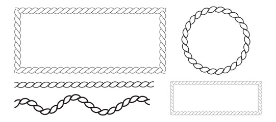Sticker - Vector rope frames. Silhouette borders are round, oval and square. Pack of isolated elements on a white background.