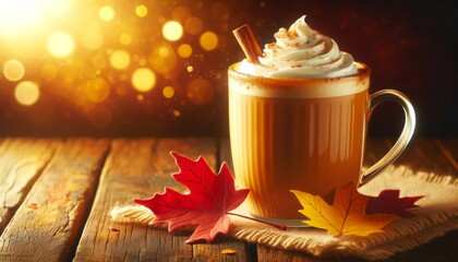 Cup of coffee latte, hot chocolate with cinnamon on wooden surface on blurred bokeh lights autumn background. Space for text