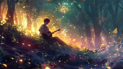 Silhouette of a guitarist in an enchanted forest with vibrant lights