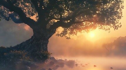 Wall Mural - a serene landscape during sunrise. A large tree with a thick trunk stands prominently in the foreground, partially obscured by fog. The sun is low on the horizon, casting a warm glow on the scene
