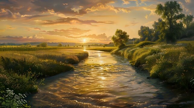 a serene landscape at sunset with a river flowing through a rural area