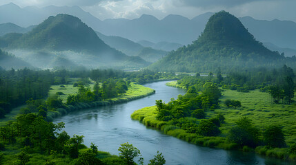 Wall Mural - A vibrant nature mountain range landscape with a winding river flowing through the valleys, the scene