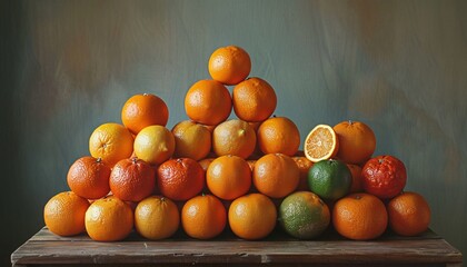 Wall Mural - Colorful Pyramid of Fresh Citrus Fruits Including Oranges, Lemons, and Limes on a Wooden Table Against a Rustic Background