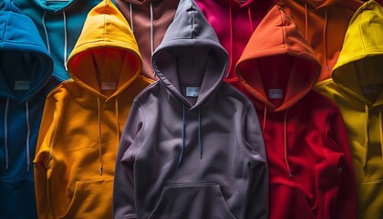 Colorful Hoodies Displayed on a Wall - Vibrant Collection of Fashionable Hooded Sweatshirts in Various Shades