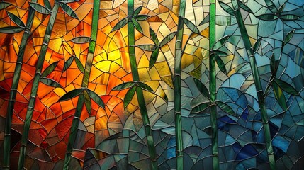 Wall Mural - stained glass with Chinese landscape patterns of bamboo.