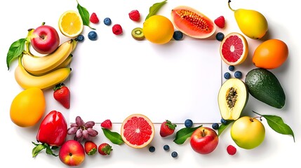  Empty white background surrounded fruits with copy space. Top view of healthy food concept.