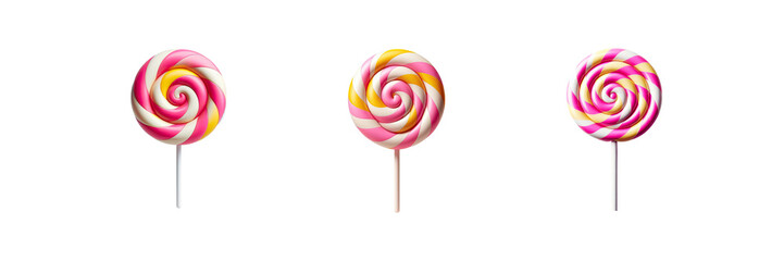 Wall Mural - Set of three Pink, white and yellow spiral lollipop icon, isolated over on transparent white background