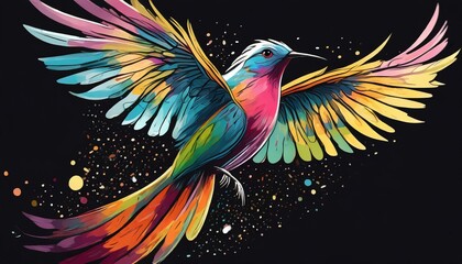 A colorful bird flying spreading wings, dark background