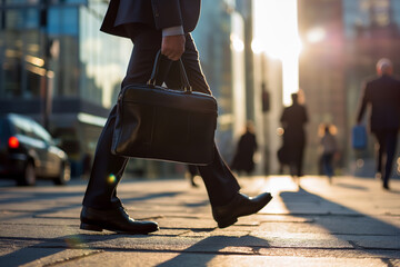 a businessman in a suit walks through a bustling city street during sunrise, carrying a black briefc