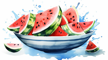 Wall Mural - Double Exposure, White background, watermelon in a bowl illustration ~ Created using Generative AI