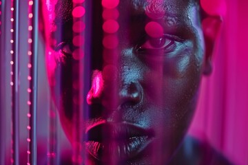 Wall Mural - Intense portrait of a dark-skinned young adult with neon lights