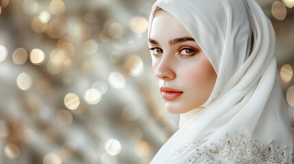 Arab woman model wearing a luxurious and beautiful white bridal hijab wallpaper AI generated image